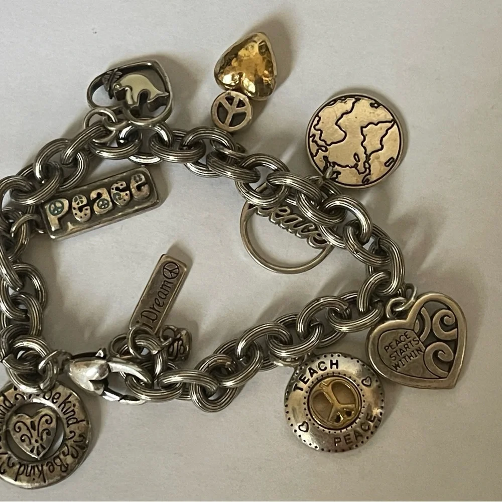 Brighton Silver, gold plated, blue, white enamel  Hearts  Peace Charm Bracelet - Picture 2 of 4